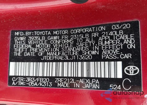 2020 Toyota Corolla Le z USA, uszkodzony, nr VIN JTDEPRAE3LJ113620